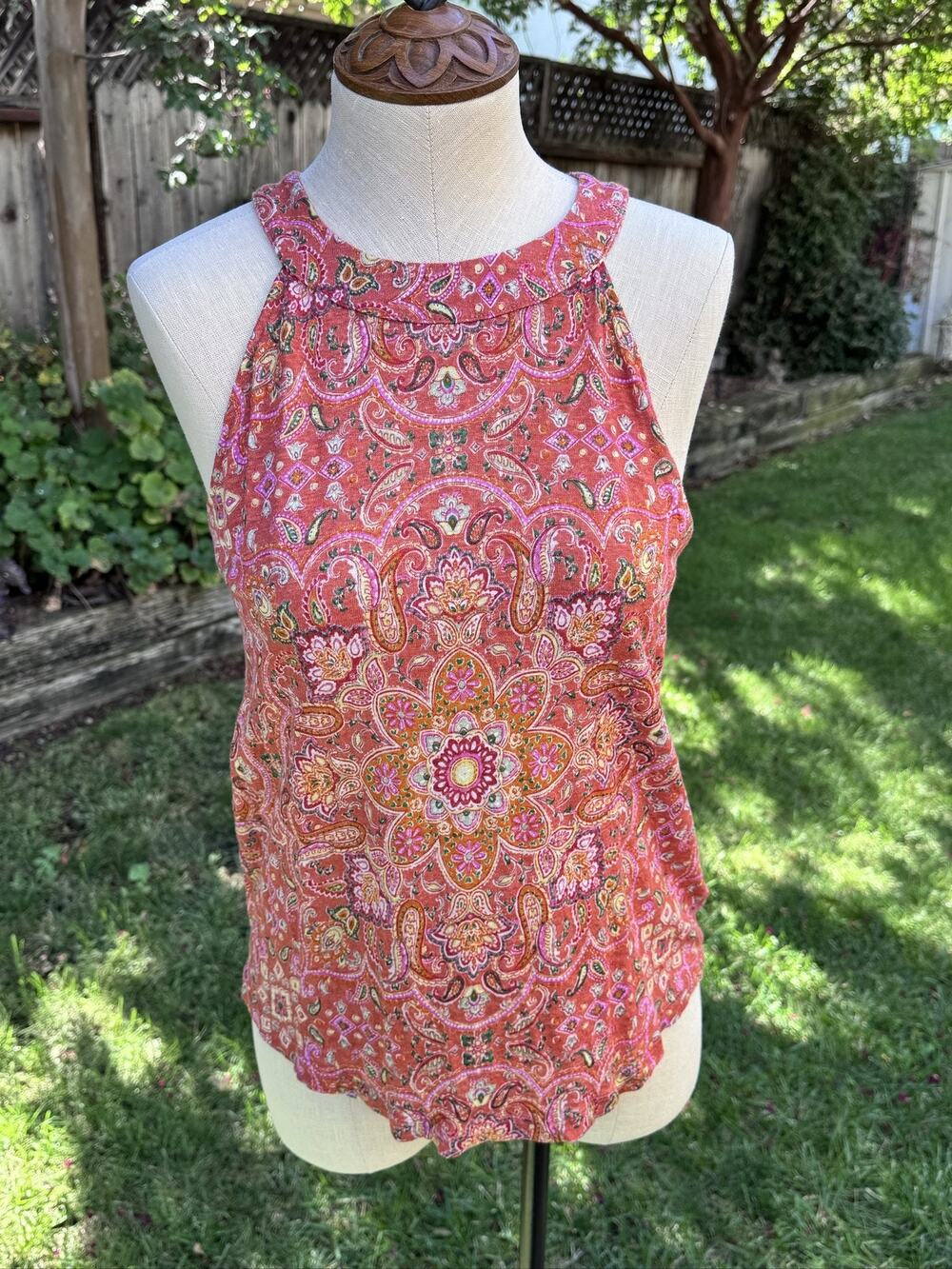 Joie Women's S Tank Top Multicolor Linen Halter Keyhole Button Bohemian Floral